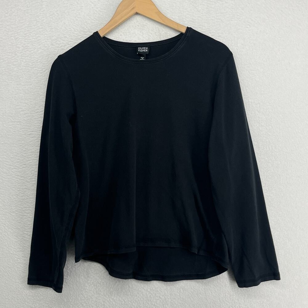 EILEEN FISHER Top L Organic Cotton Stretch Jersey Long Sleeve Washed Black USA